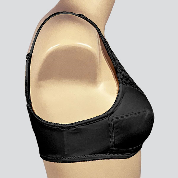 Side view of the ABC Lace Front 101 soft padded wireless bra showing the medium height underarm band.